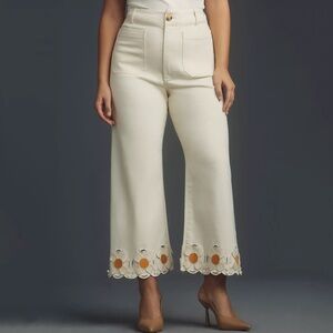 NWT Anthropologie Maeve Colette Denim Cropped Wide Leg Jeans Floral Cutout Cream